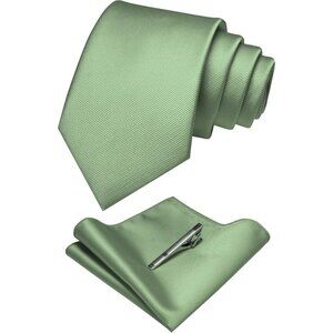Men's Sage Green Colour Formal Necktie and Pocket Square Tie Clip Sets